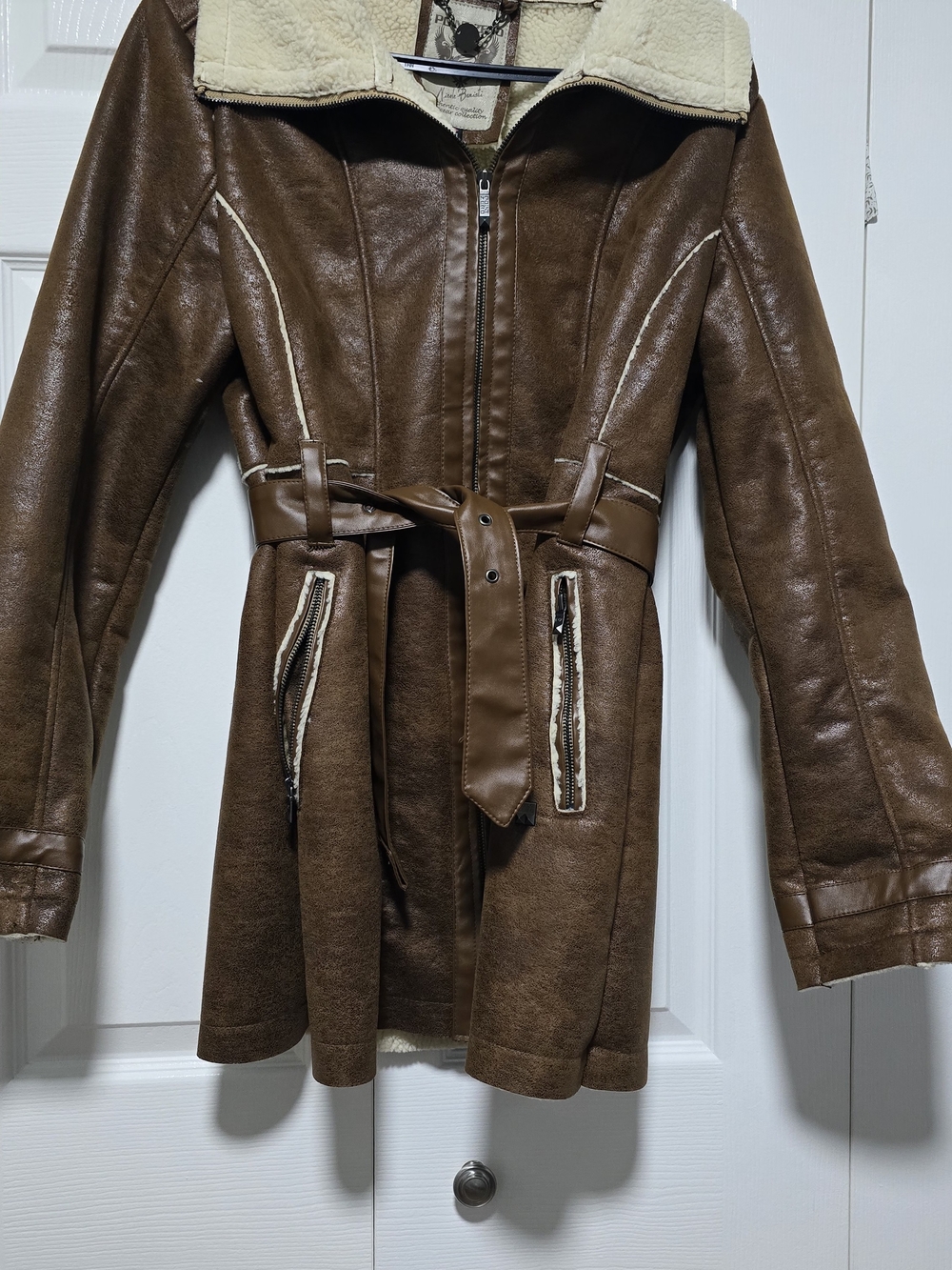 Point Zero Brown Faux-Leather Belted Puffer Coat with Cream Sherpa Trim